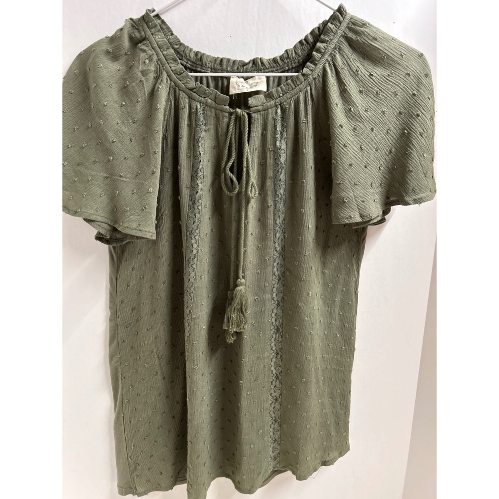 Ember Olive Green Swiss Dot Tassel Tie Flutter‎ Sleeve Top - Women's Small